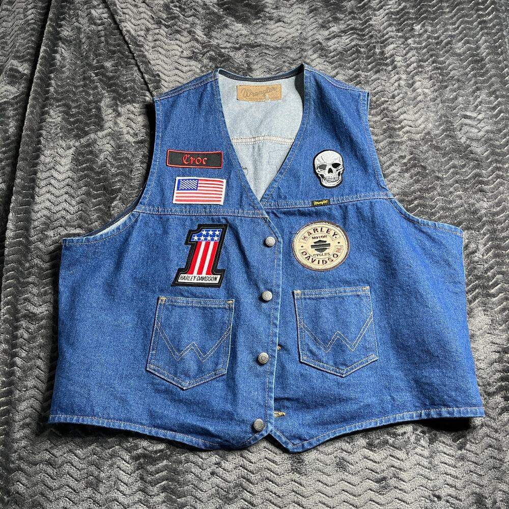 Wrangler Denim Vest With Patches - Harley American Biker Vest